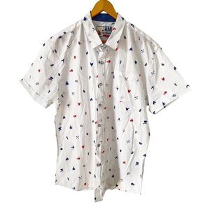 Jam Session White BBQ Themed Pattern Short Sleeve Button Down Shirt